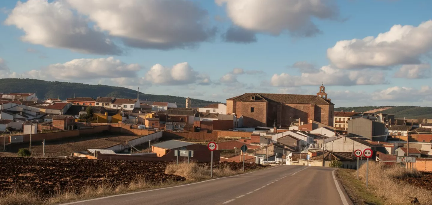 Vista de Castellar de Santiago desde la carretera de acceso, con la iglesia de Santa Ana